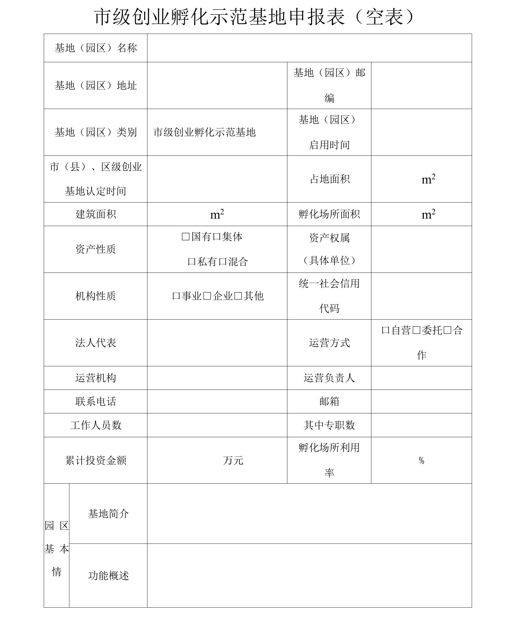 市级创业孵化示范基地申报表（空表）