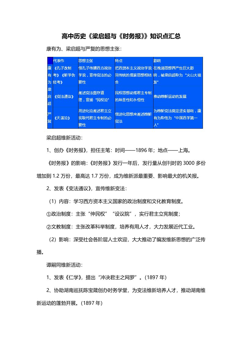 高中历史梁启超与时务报知识点汇总