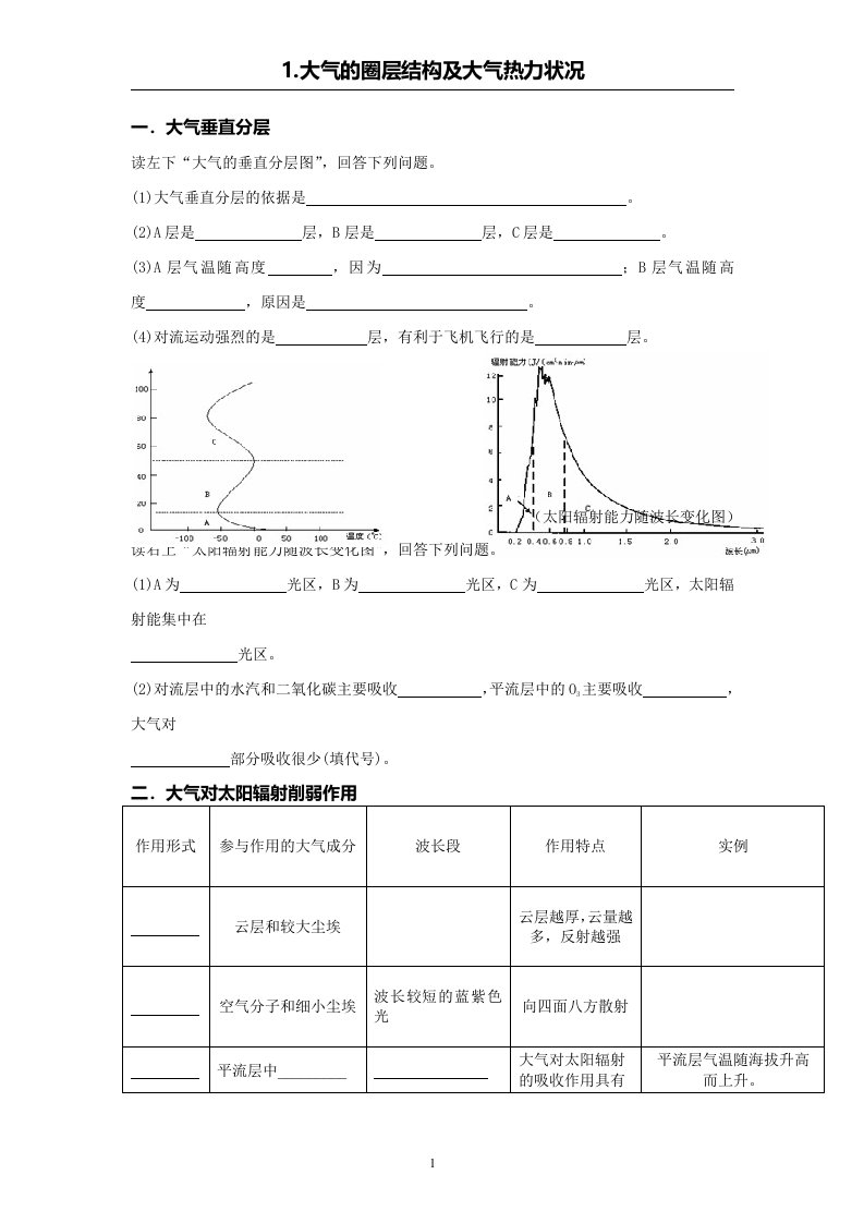 大气的圈层结构以及大气的热力状况（学案）--高考地理一轮复习（中图版2019）