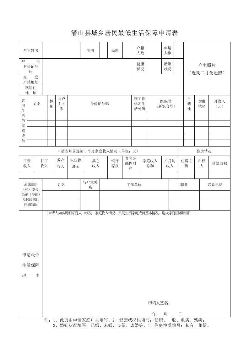 潜山县城乡居民最低生活保障申请表