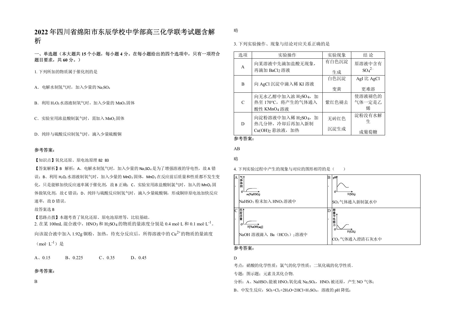 2022年四川省绵阳市东辰学校中学部高三化学联考试题含解析