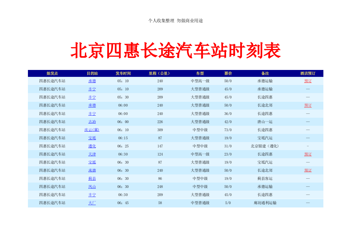 北京四惠长途汽车站时刻表