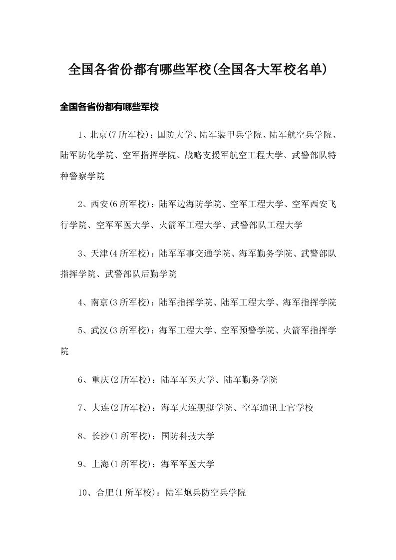 全国各省份都有哪些军校(全国各大军校名单)