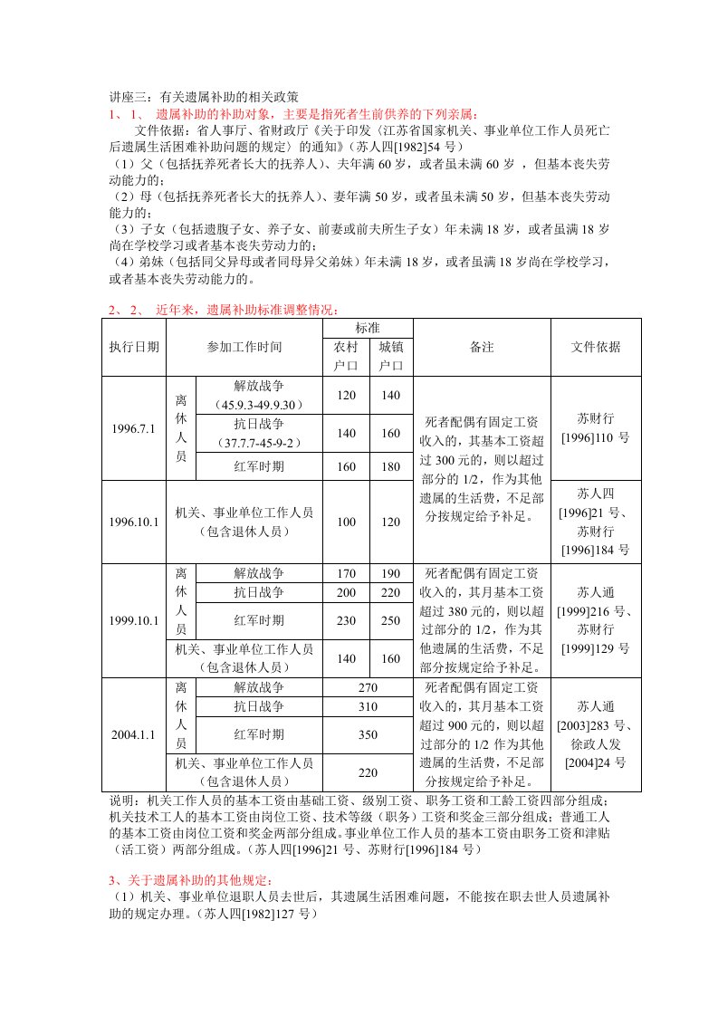 有关遗属补助的相关政策