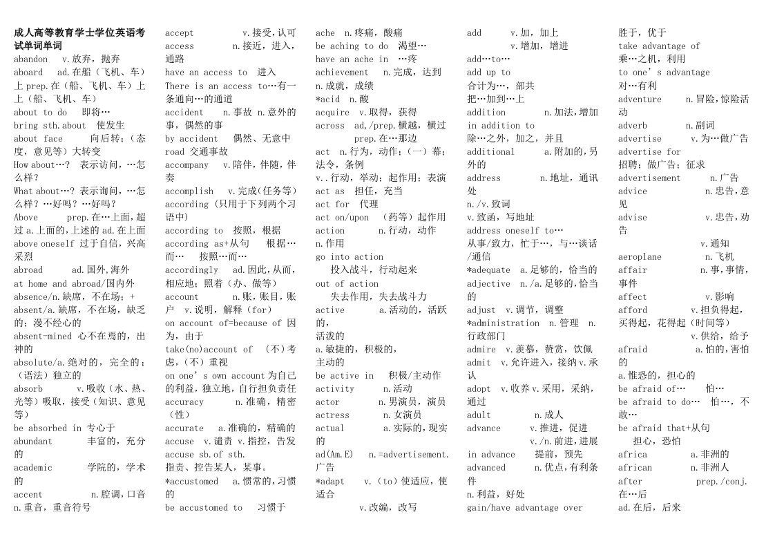 成人高等教育学士学位英语考试单词.