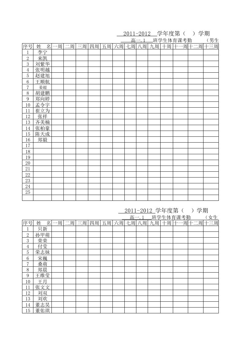 12--13年唐中体育课学生考勤表