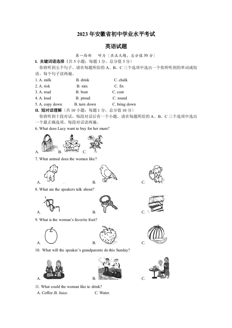 2023年安徽省中考英语试题word版