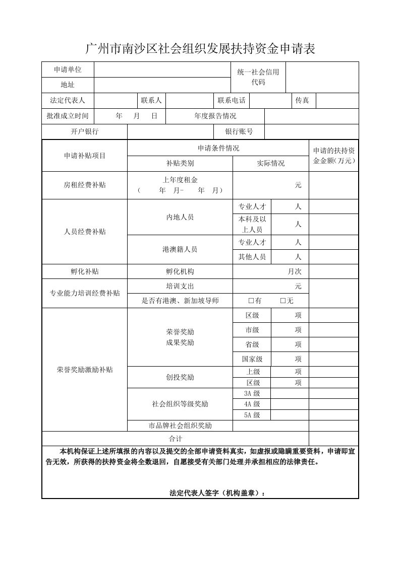 广州南沙区社会组织发展扶持资金申请表