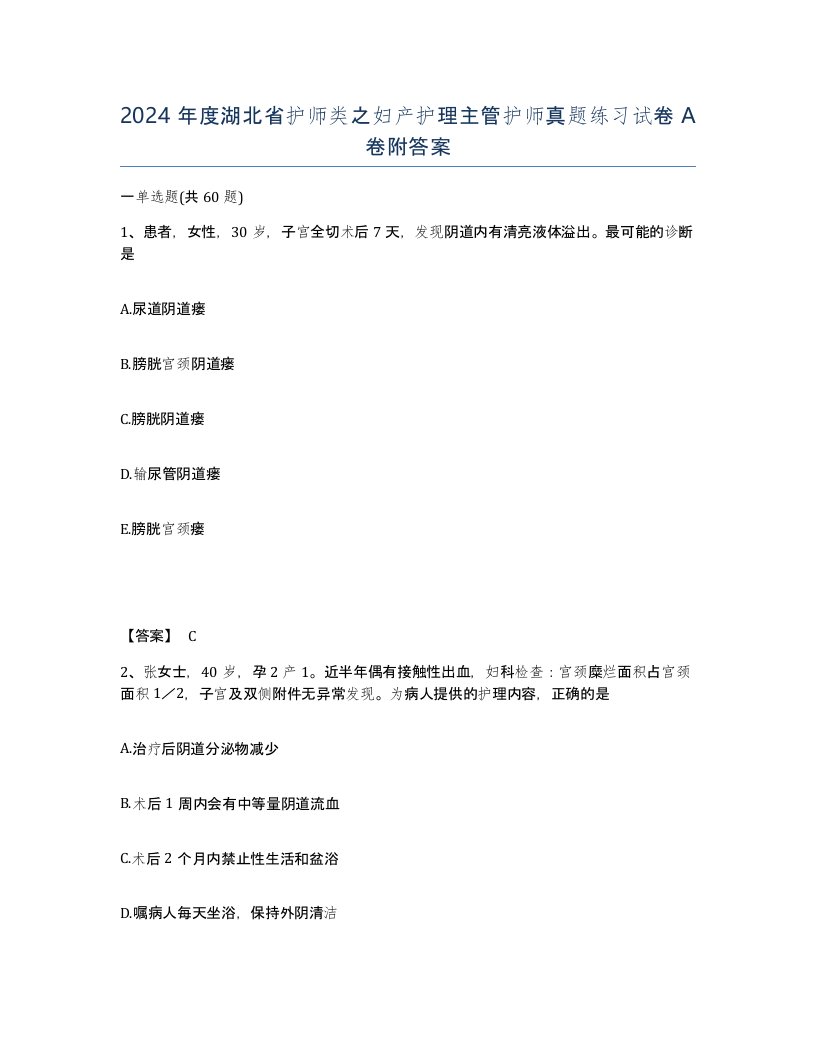 2024年度湖北省护师类之妇产护理主管护师真题练习试卷A卷附答案