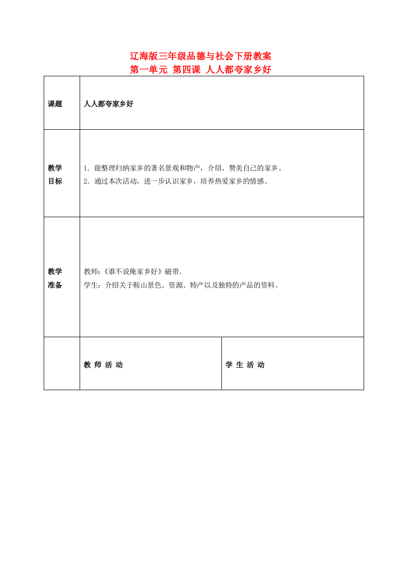 三年级品德与社会下册-人人都夸家乡好-2教案-辽海版