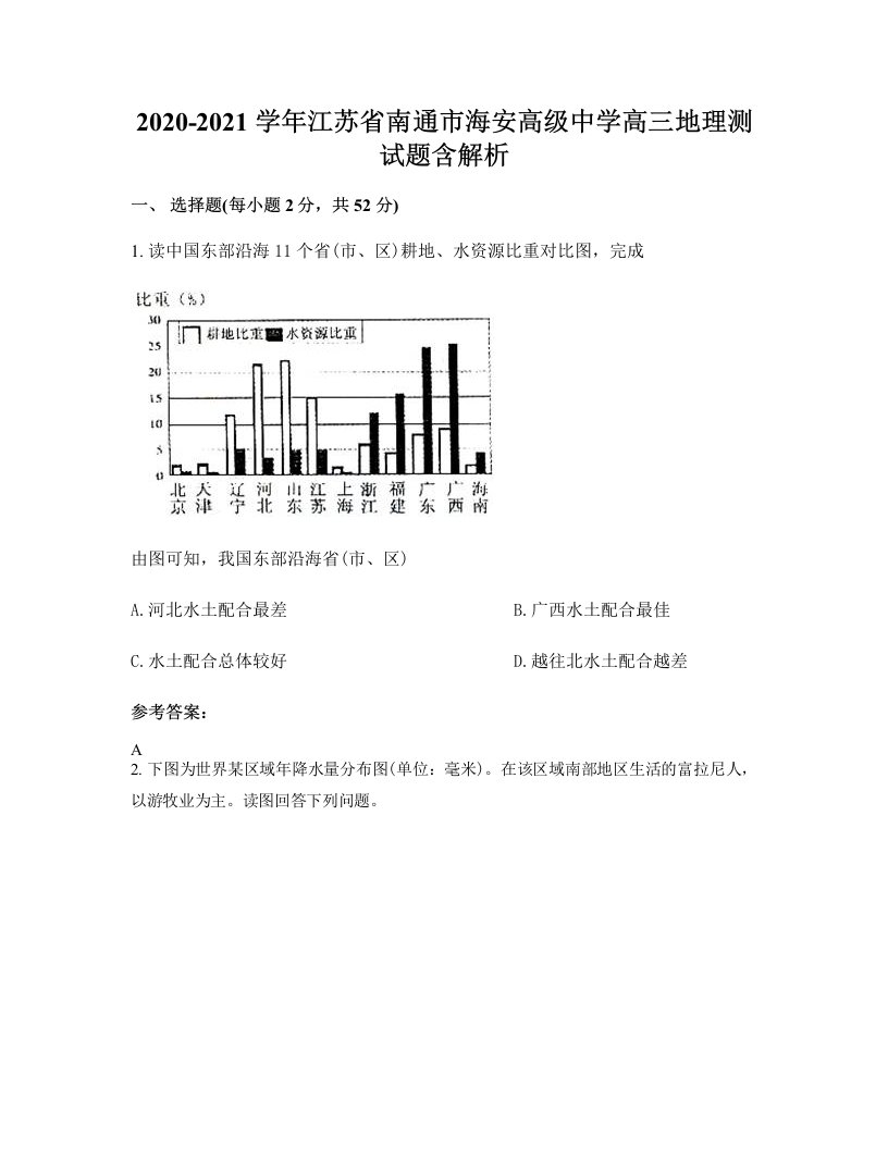 2020-2021学年江苏省南通市海安高级中学高三地理测试题含解析