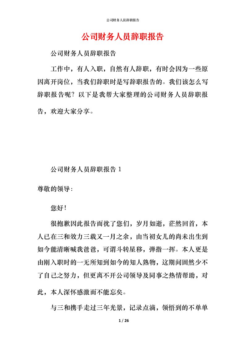 精编公司财务人员辞职报告