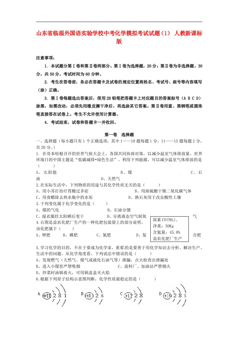 山东省临淄外国语实验学校中考化学模拟考试试题（1）