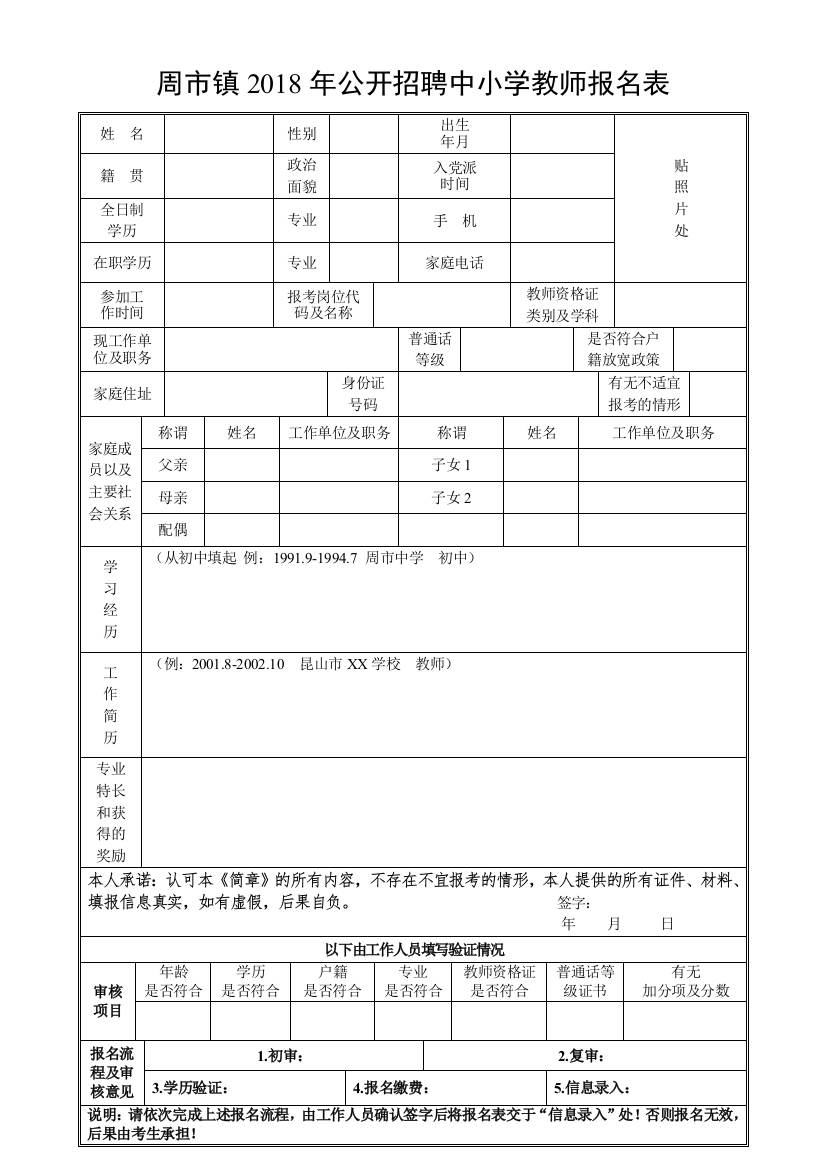 陆家镇公开竞聘报名表