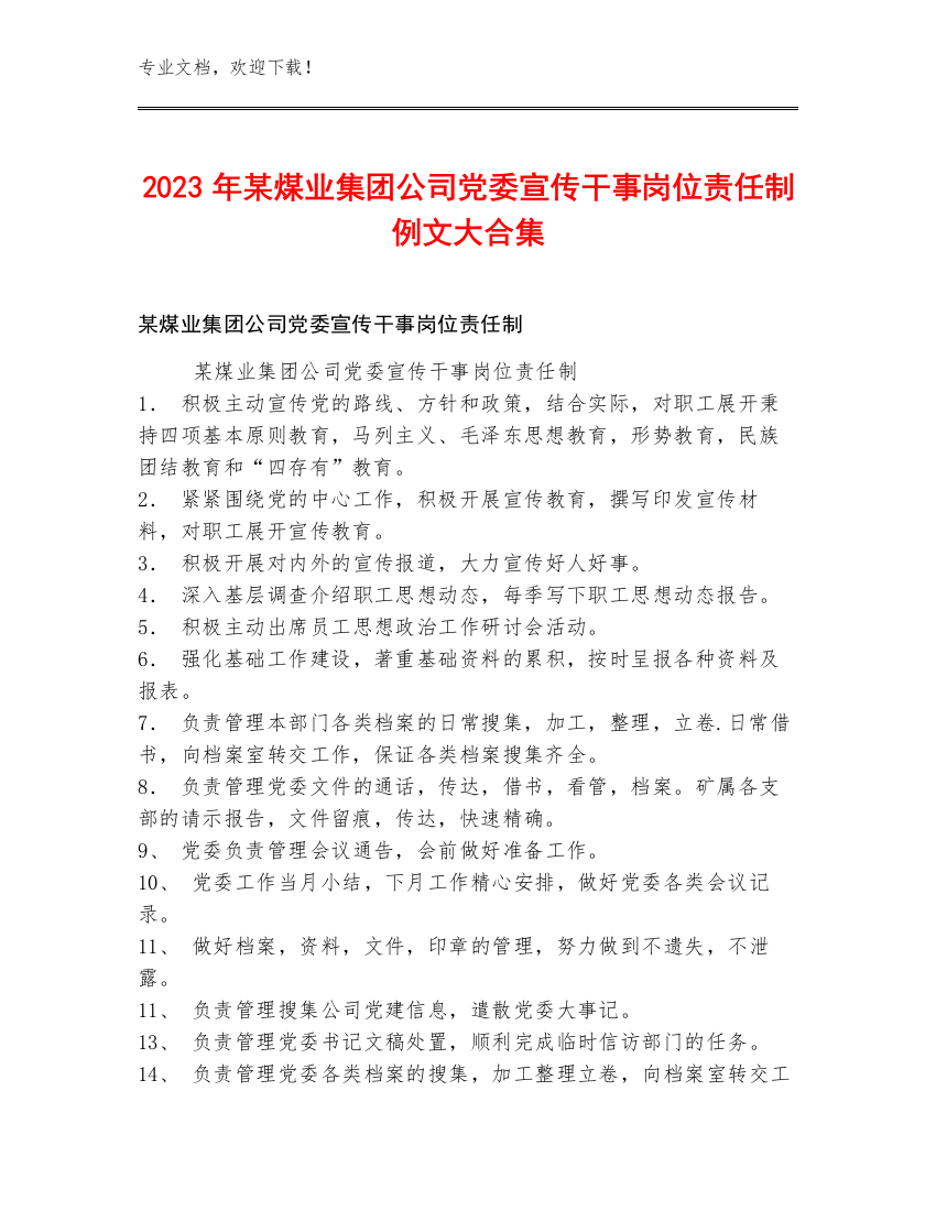 2023年某煤业集团公司党委宣传干事岗位责任制例文大合集