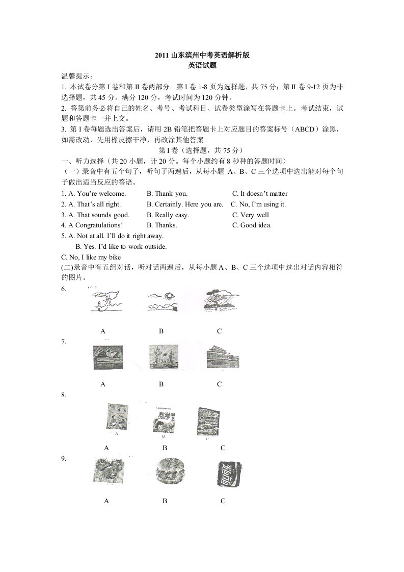 2011山东滨州中考英语解析版