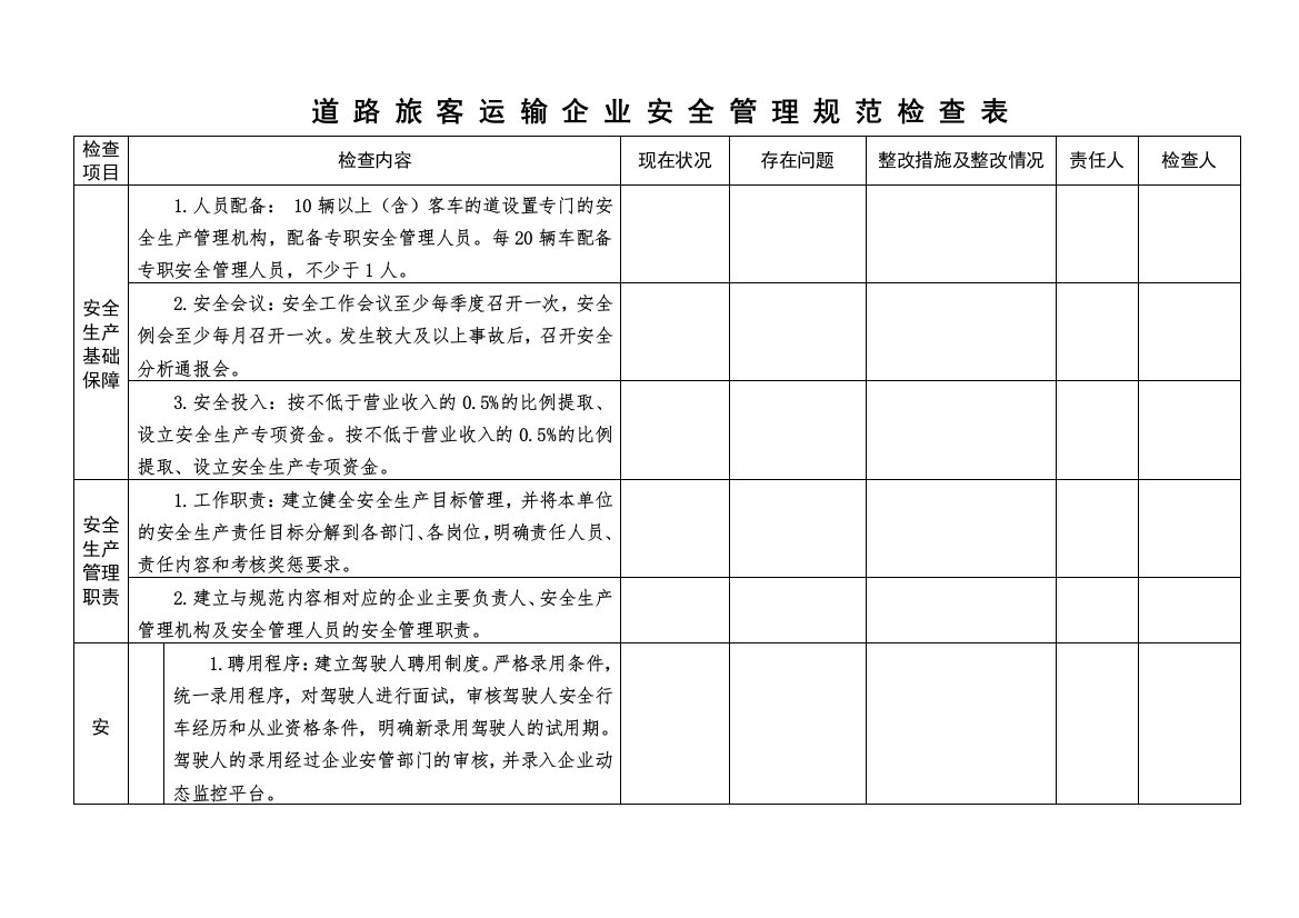 客运企业安全检查表111