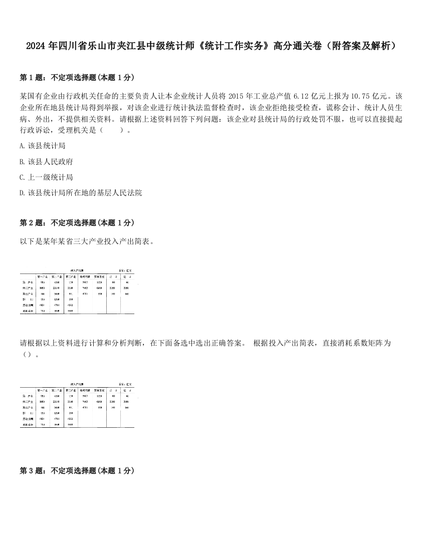 2024年四川省乐山市夹江县中级统计师《统计工作实务》高分通关卷（附答案及解析）