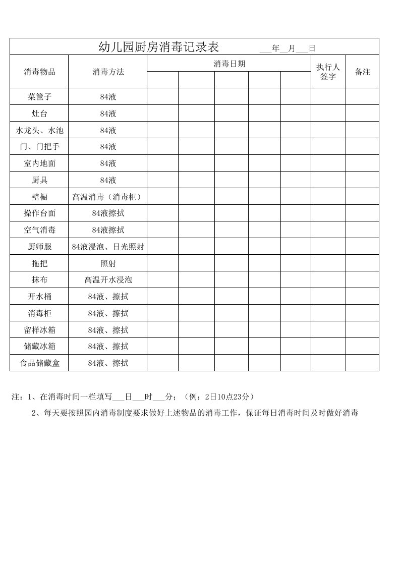 幼儿园厨房消毒记录表