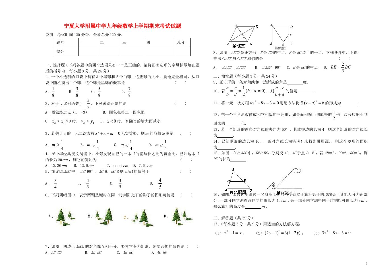 宁夏大学附属中学九级数学上学期期末考试试题