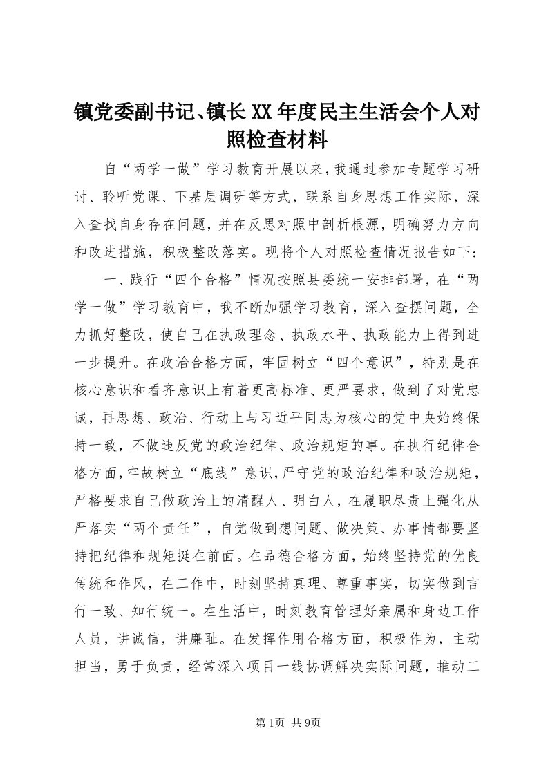 7镇党委副书记、镇长某年度民主生活会个人对照检查材料