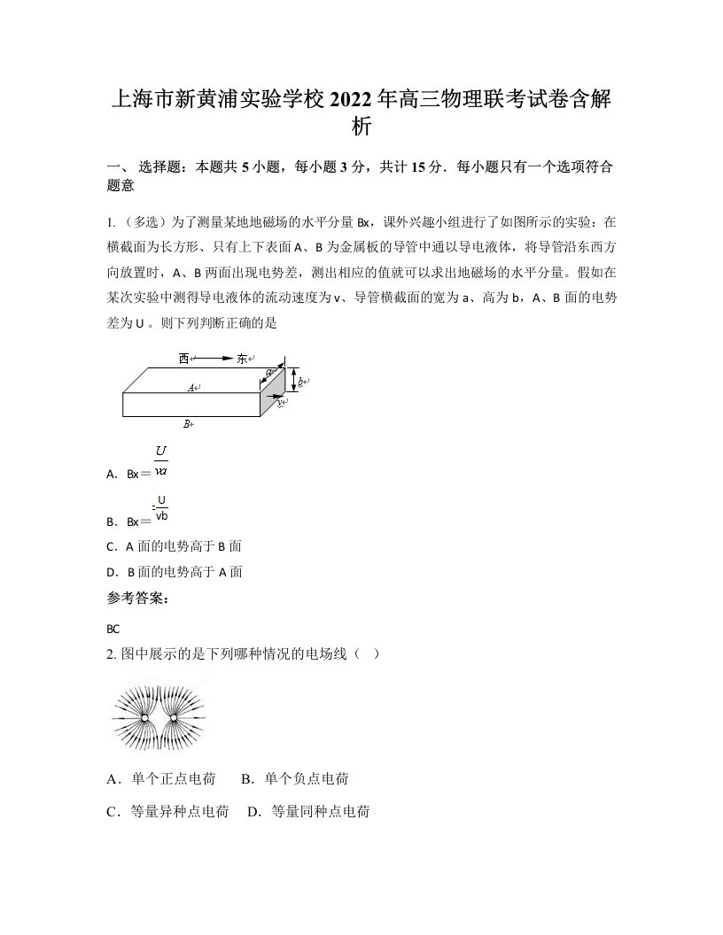 上海市新黄浦实验学校2022年高三物理联考试卷含解析