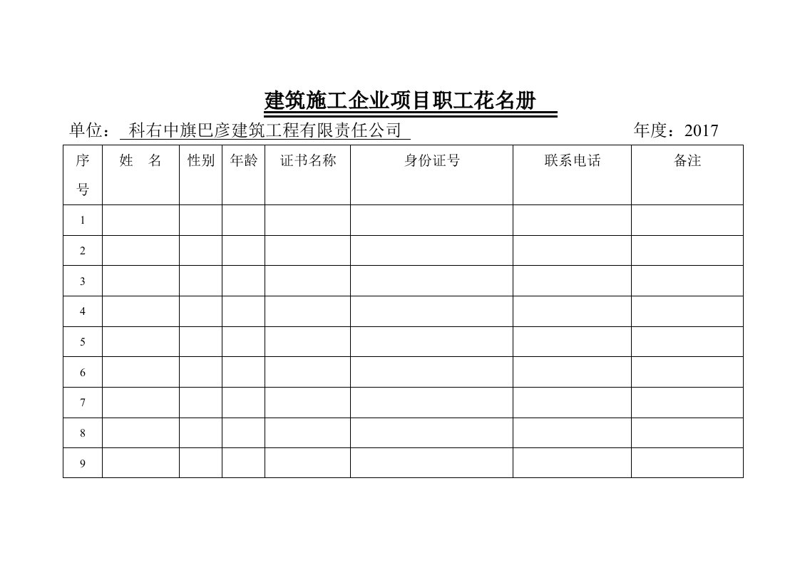 建筑施工企业项目职工花名册