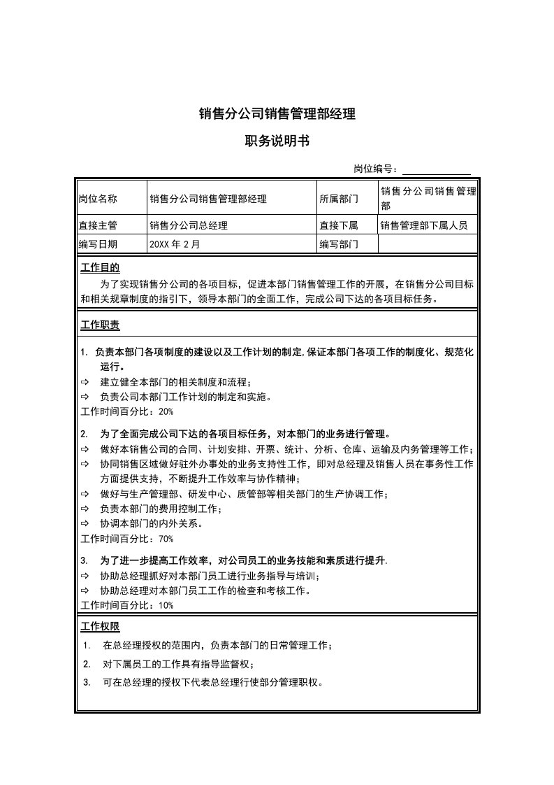 推荐-销售分公司销售管理部经理岗位说明书