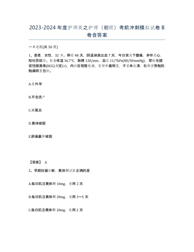 20232024年度护师类之护师初级考前冲刺模拟试卷B卷含答案