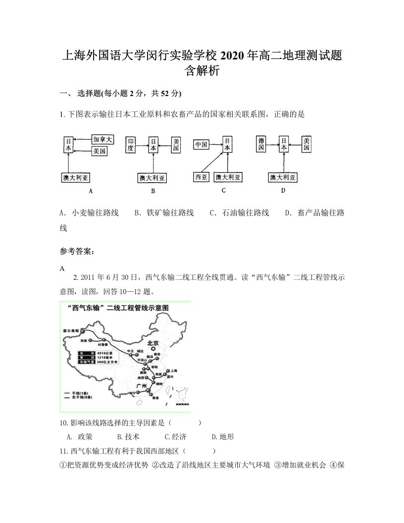 上海外国语大学闵行实验学校2020年高二地理测试题含解析