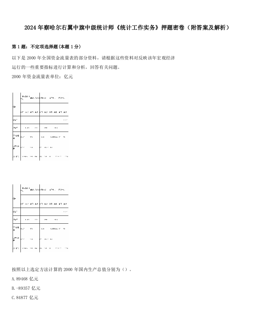 2024年察哈尔右翼中旗中级统计师《统计工作实务》押题密卷（附答案及解析）