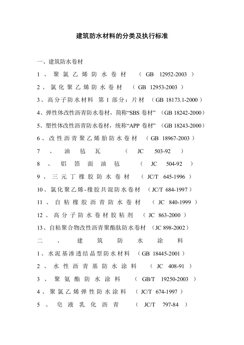 建筑防水材料的分类及执行标准