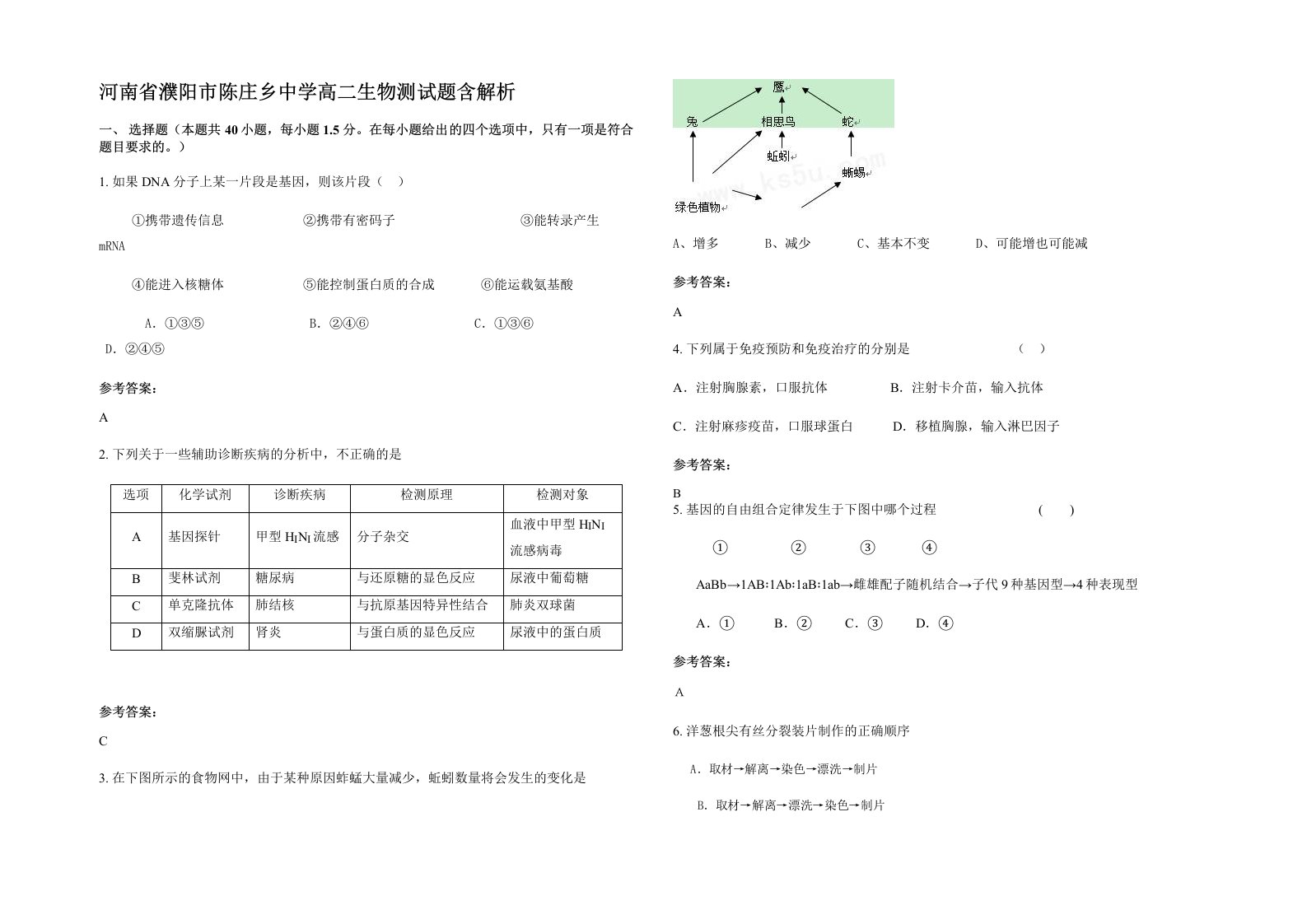 河南省濮阳市陈庄乡中学高二生物测试题含解析