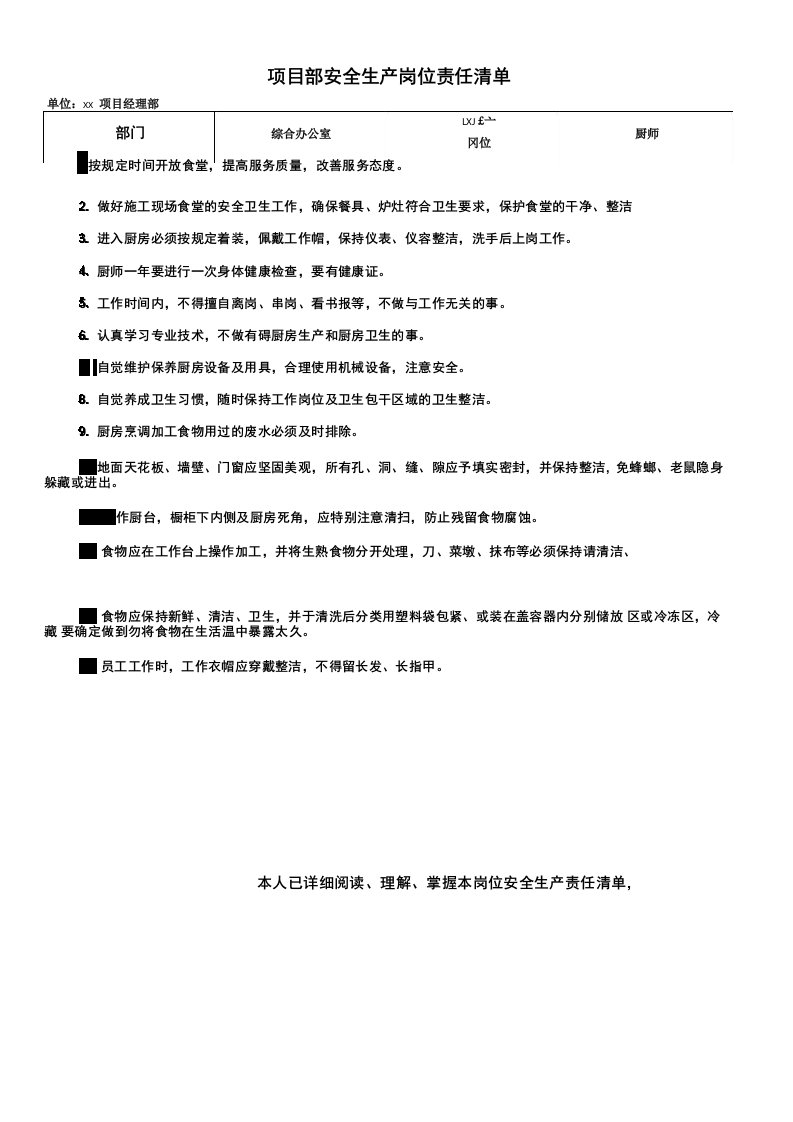 项目部厨师安全生产岗位责任清单