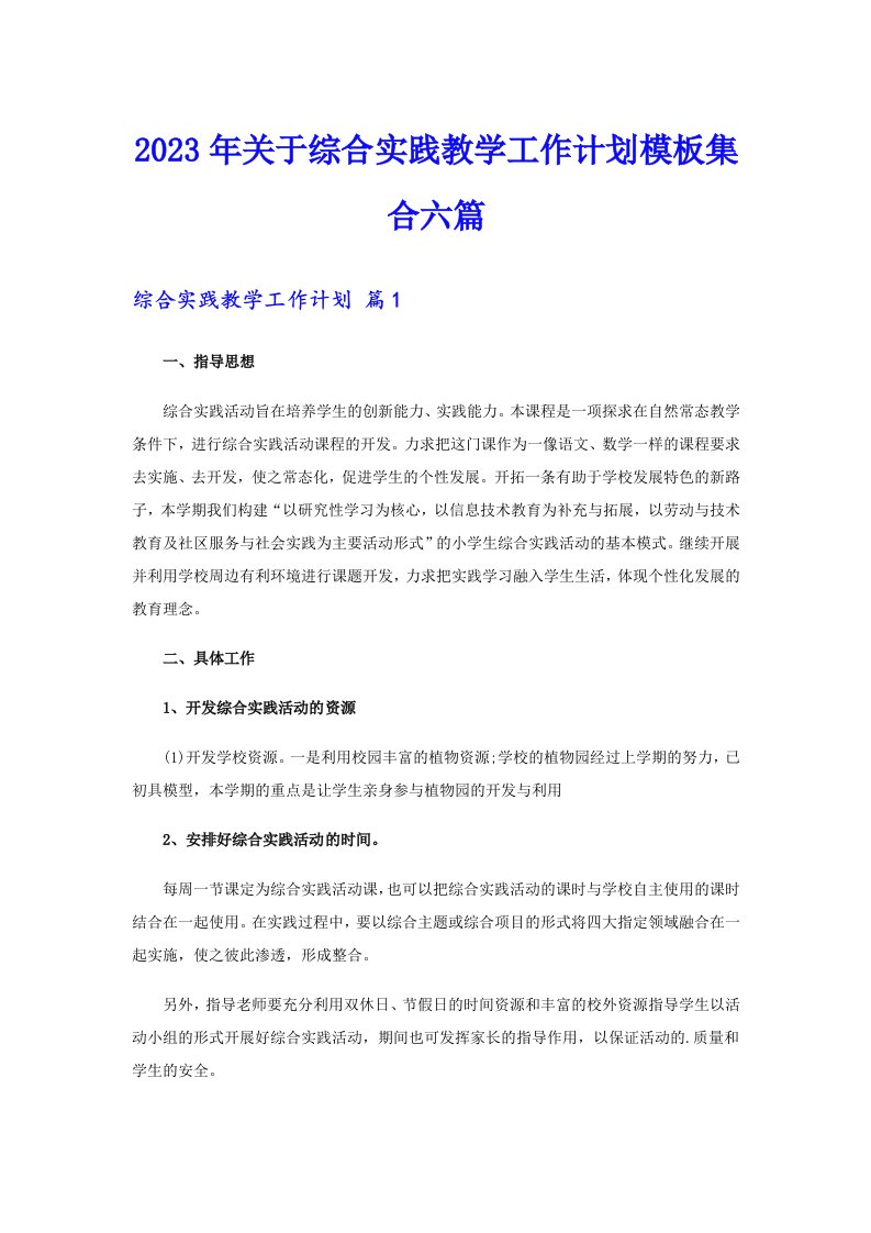 关于综合实践教学工作计划模板集合六篇