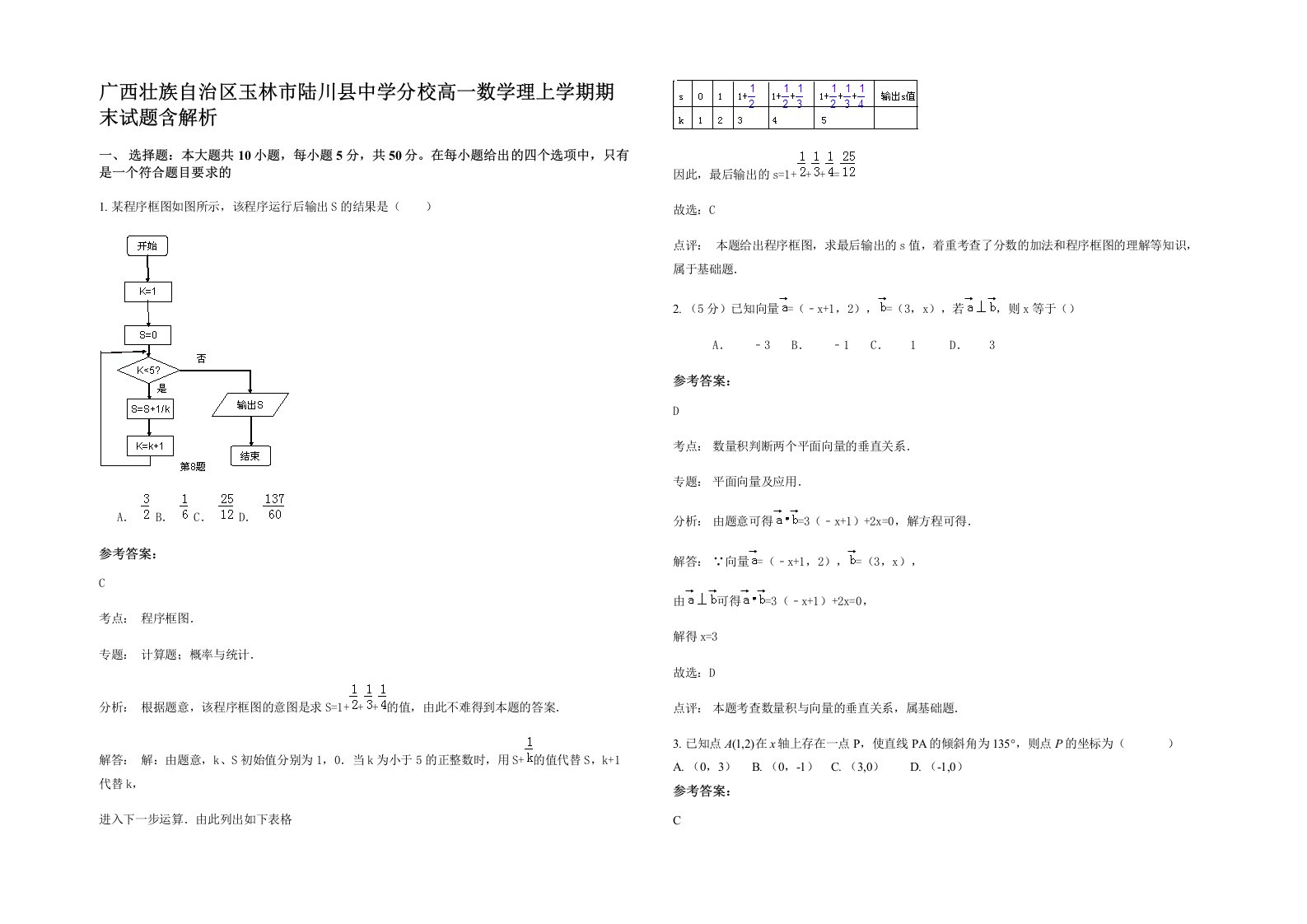 广西壮族自治区玉林市陆川县中学分校高一数学理上学期期末试题含解析