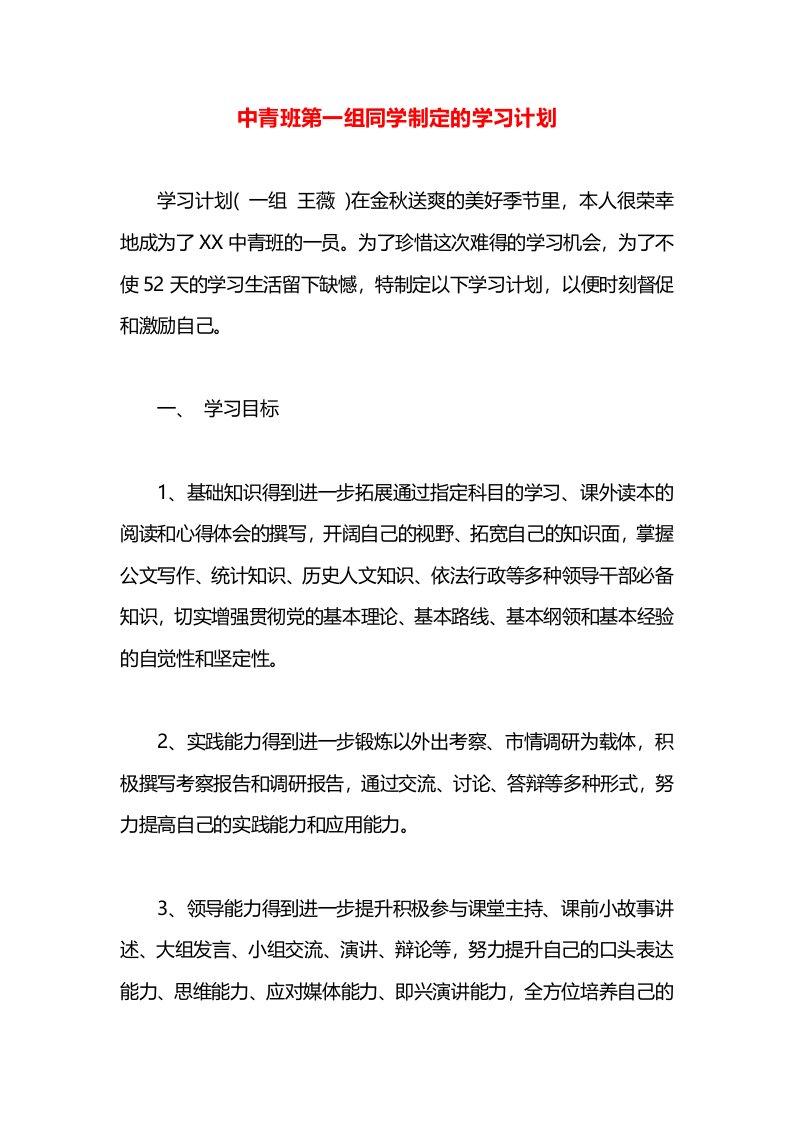 中青班第一组同学制定的学习计划