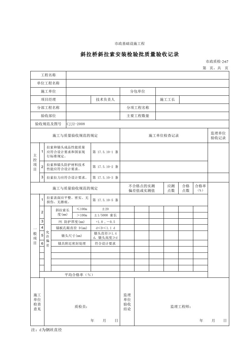 32067斜拉桥斜拉索安装检验批质量验收记录