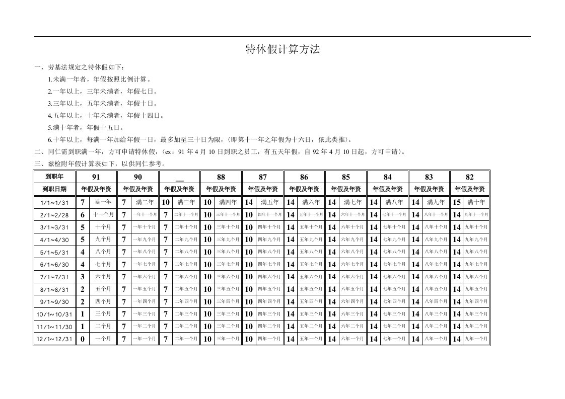 特休假计算方法