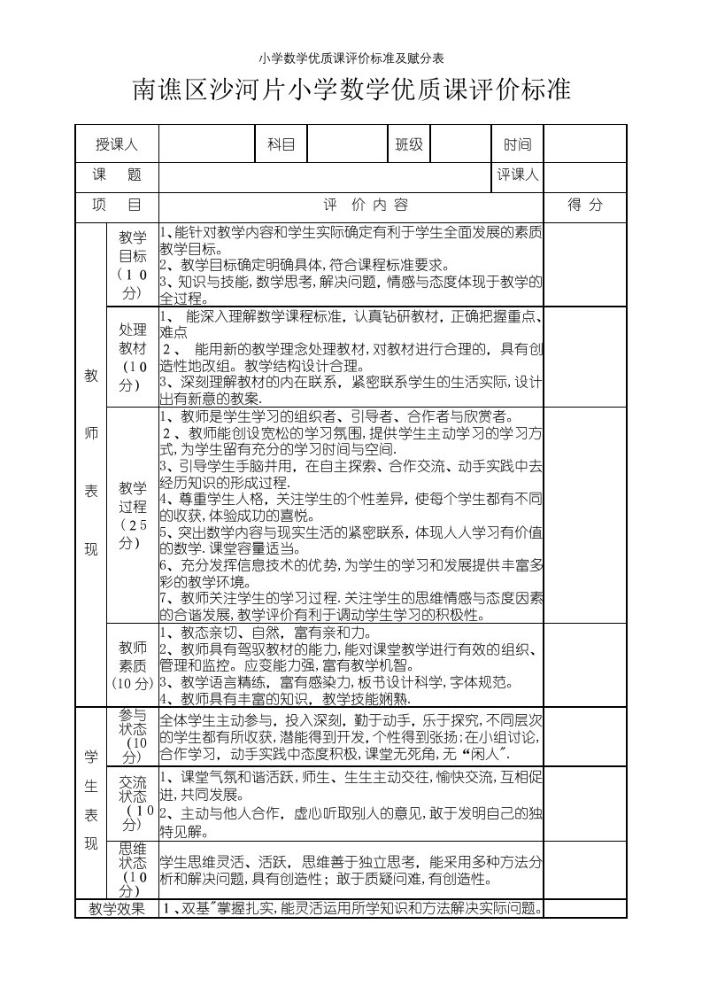 小学数学优质课评价标准及赋分表