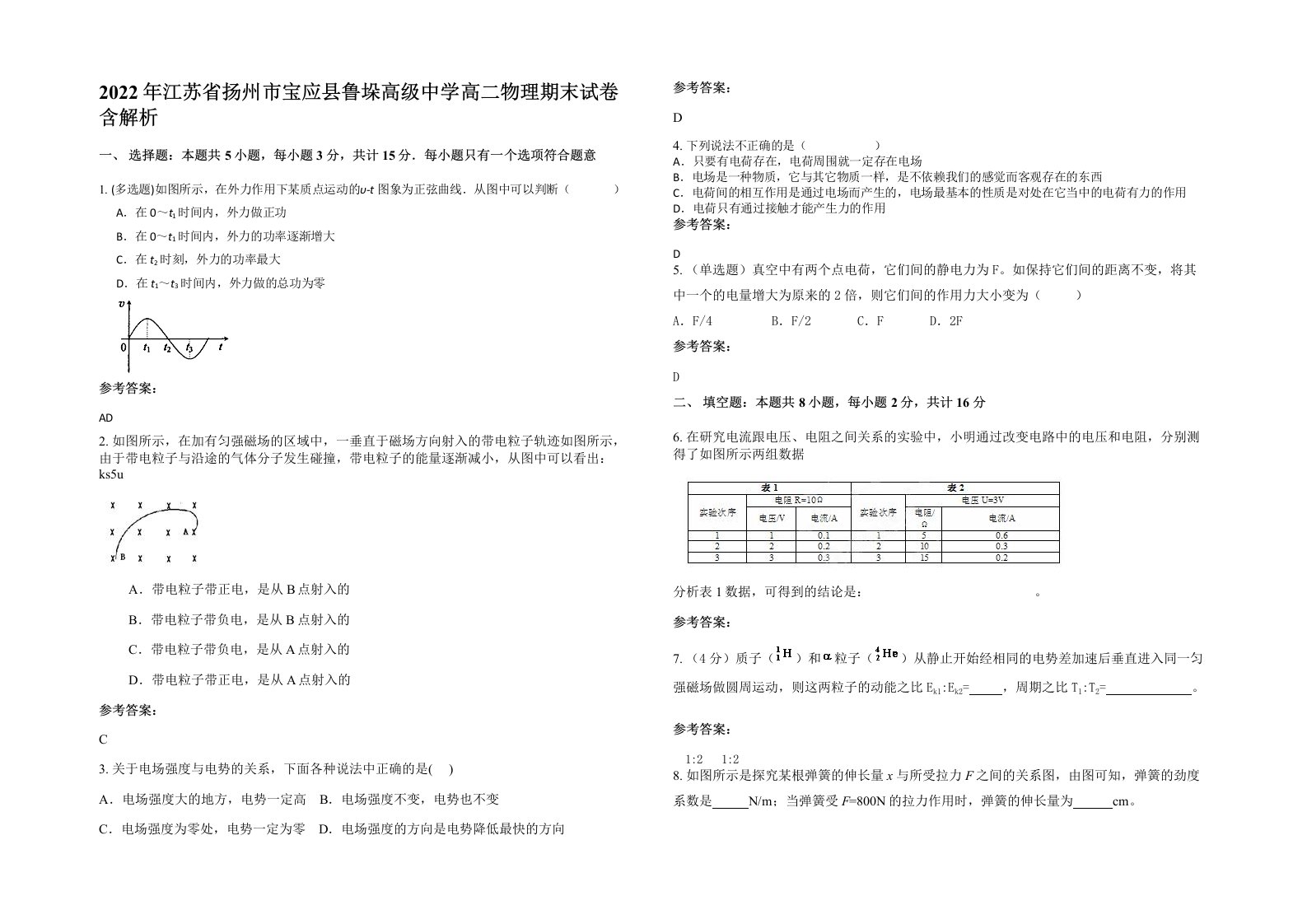 2022年江苏省扬州市宝应县鲁垛高级中学高二物理期末试卷含解析