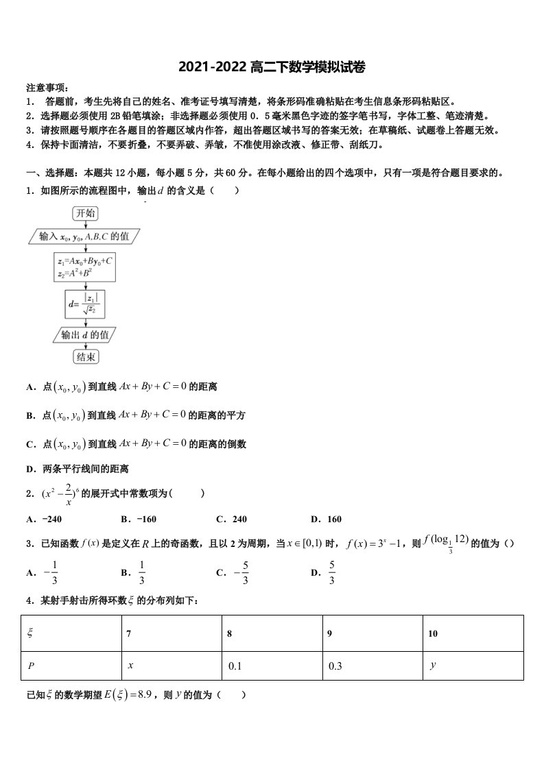 2022年山西省临汾一中数学高二下期末调研试题含解析