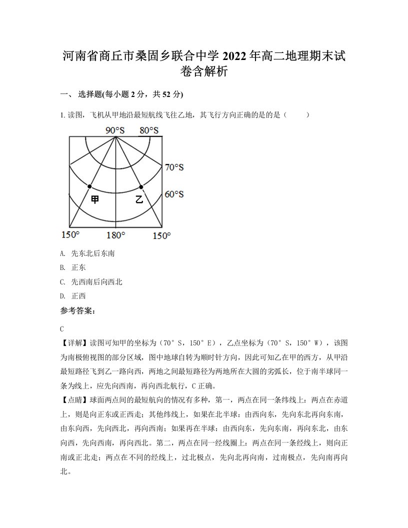 河南省商丘市桑固乡联合中学2022年高二地理期末试卷含解析