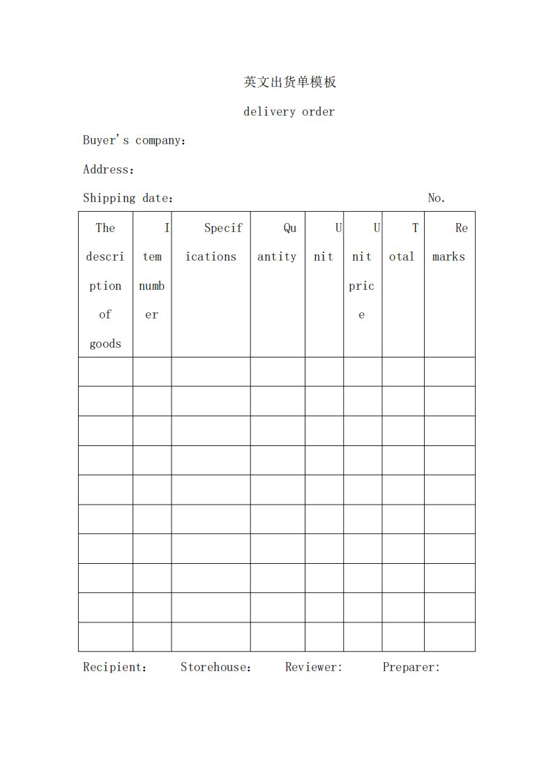 英文出货单模板