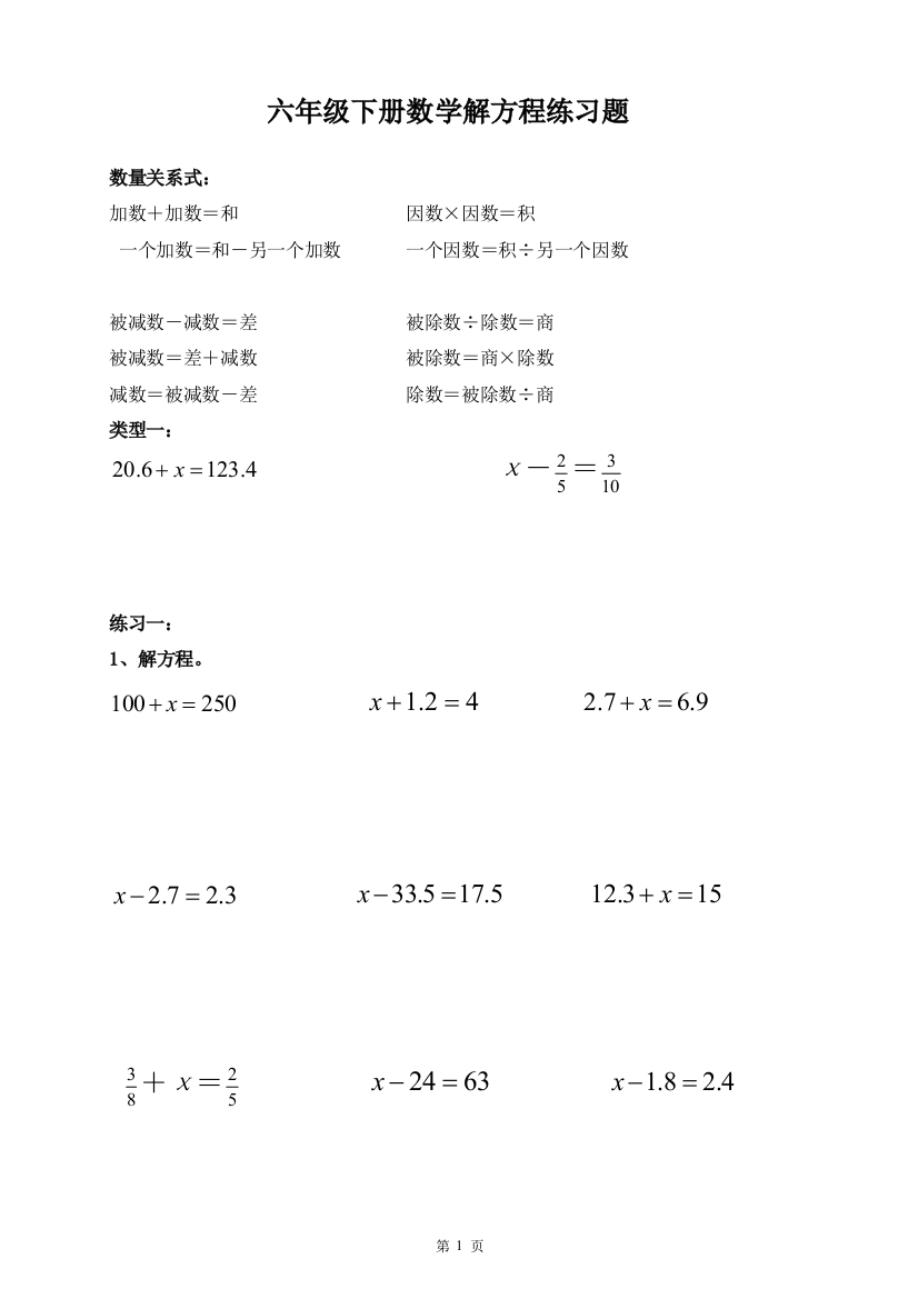 (完整)新人教版六年级下册数学解方程专项练习题