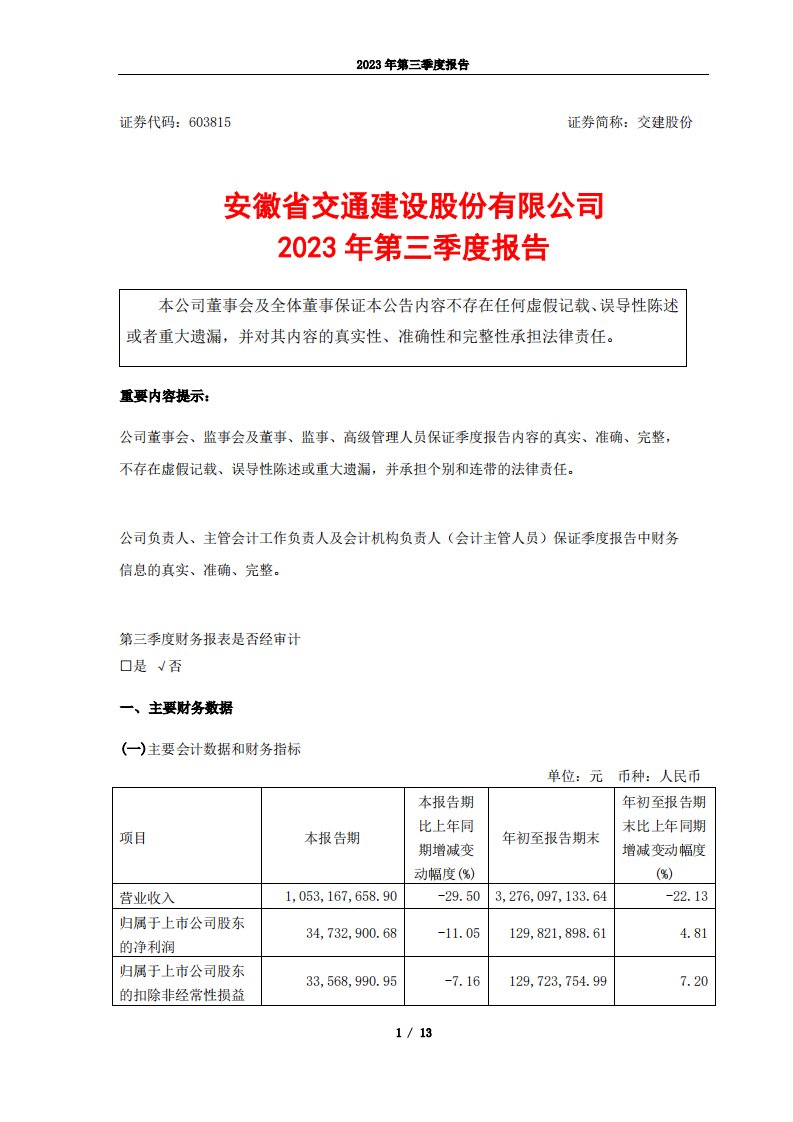 上交所-安徽省交通建设股份有限公司2023年第三季度报告-20231025