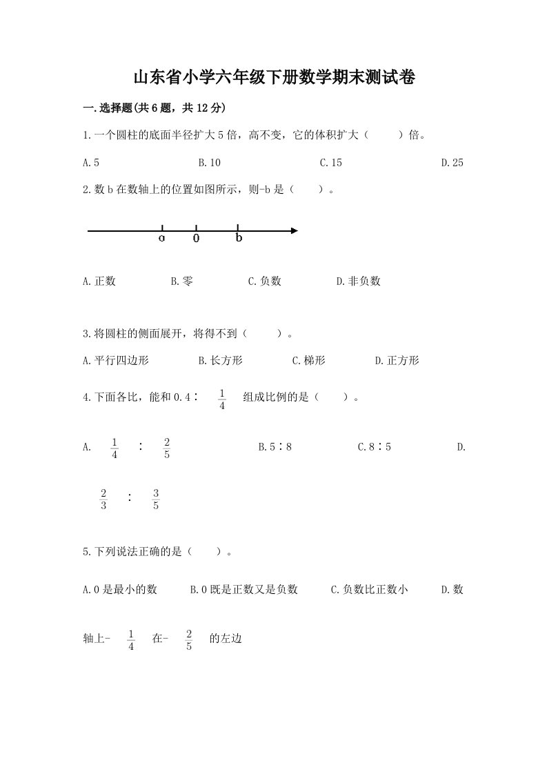 山东省小学六年级下册数学期末测试卷精品（实用）