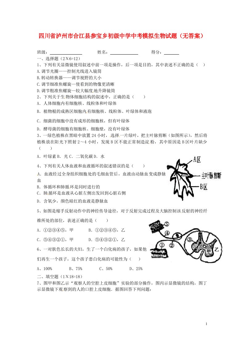 四川省泸州市合江县参宝乡初级中学中考生物模拟试题（无答案）