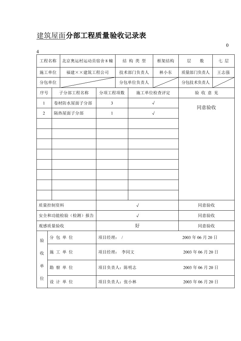 建筑屋面分部工程质量验收记录表