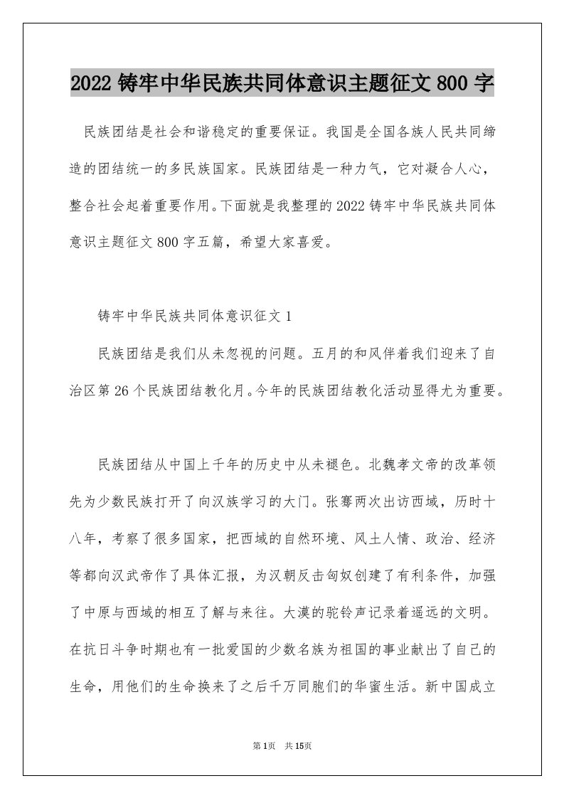 2022铸牢中华民族共同体意识主题征文800字